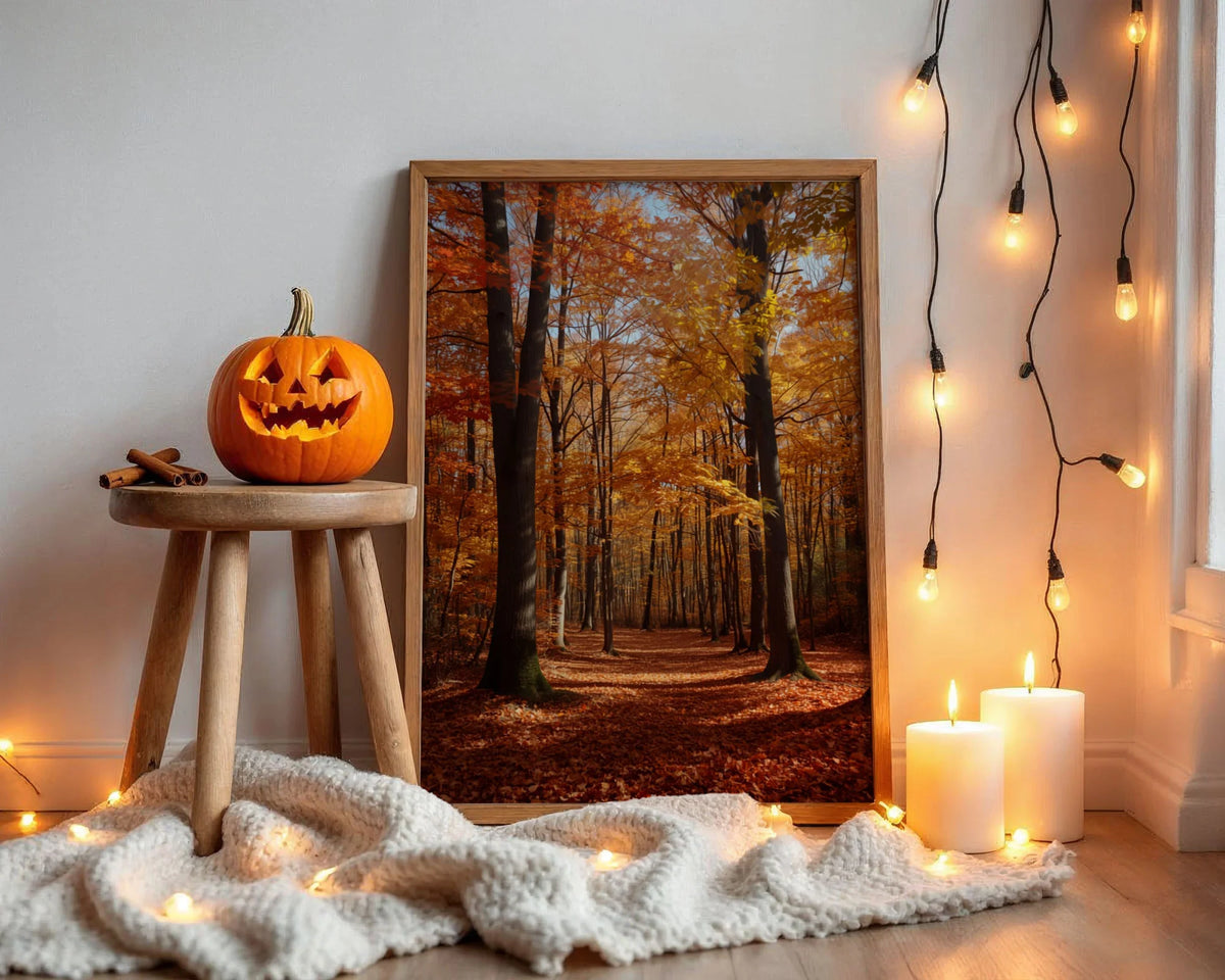 Framed Poster A2 Black Frame - Dramatic forest pathway framed by tall dark trunks with stunning golden amber autumn canopy