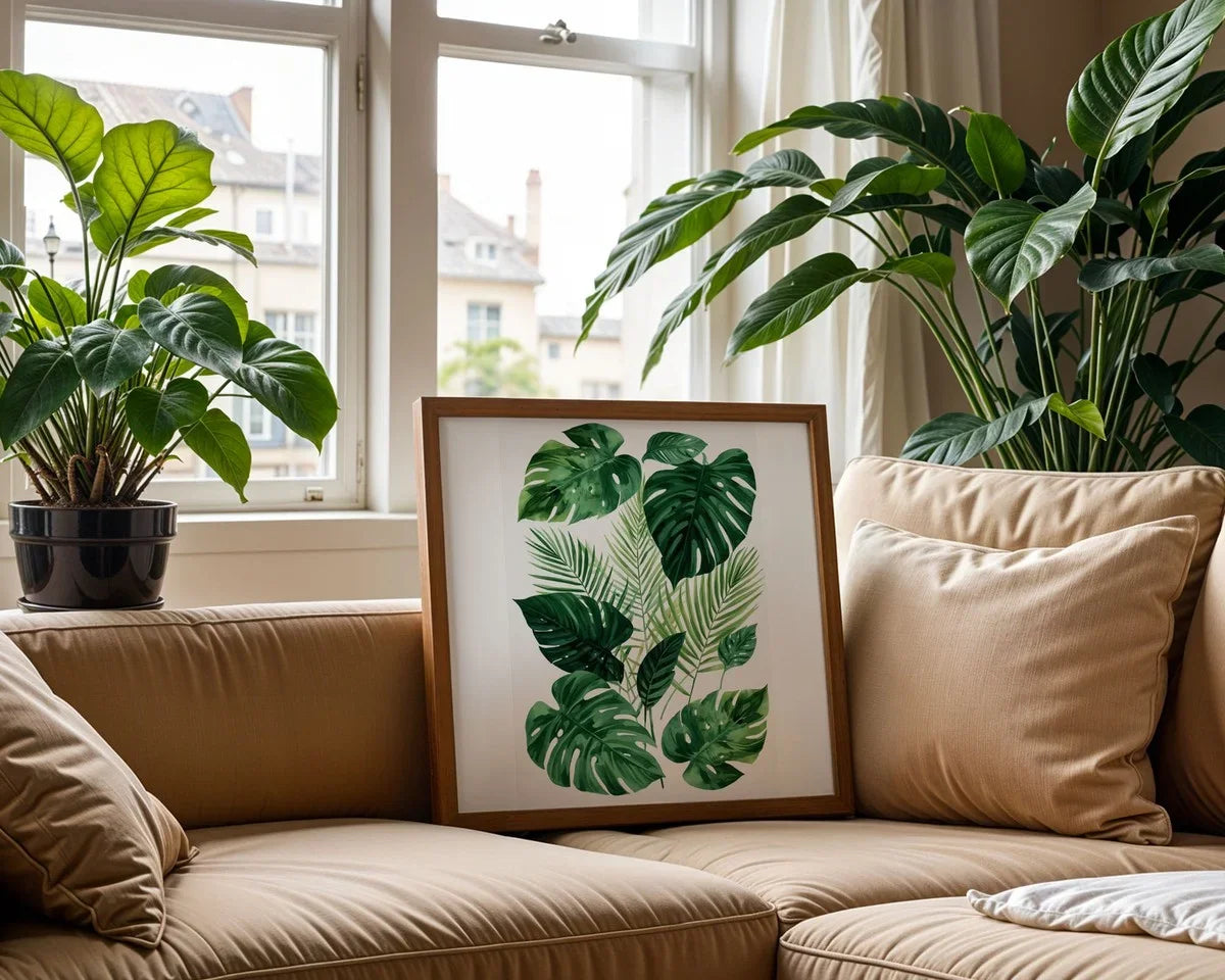 Framed Poster A3 Classic Wood - Contemporary Monstera leaf print featuring detailed leaf veining in nature-inspired colors
