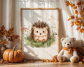 Framed Print A3 White Frame - Woodland hedgehog artwork surrounded by botanical elements in soft pastel colors