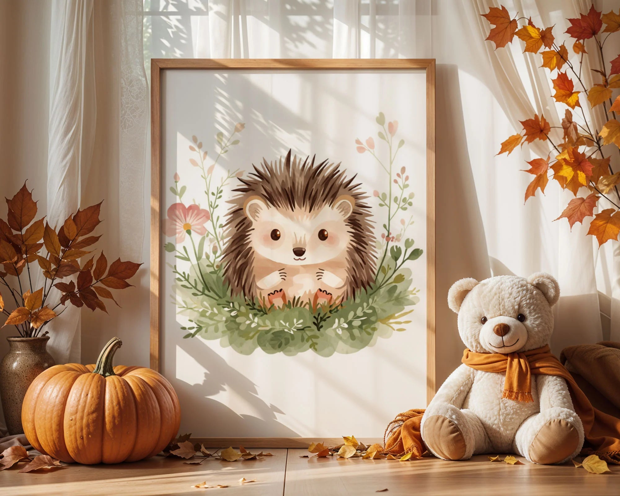 Framed Print A3 White Frame - Woodland hedgehog artwork surrounded by botanical elements in soft pastel colors