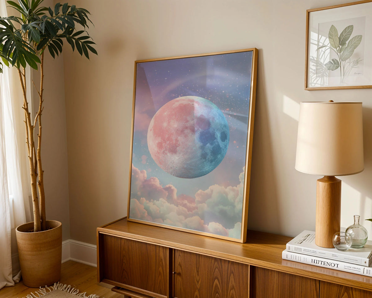 Framed Poster A2 Classic Black Frame - Expansive cosmic print depicting a radiant moon among clouds with an abundance of twinkling stars in a mystical purple sky