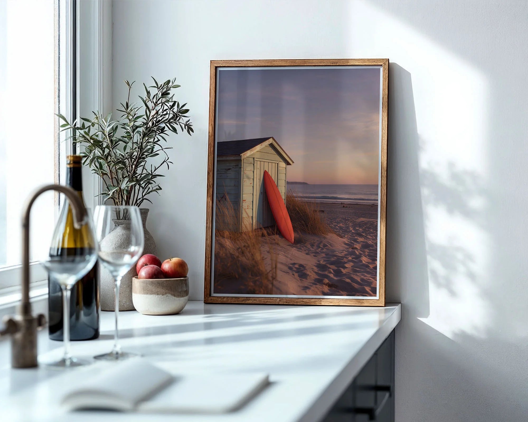 Framed Poster A4 Classic Wood - Beach hut with surfboard at golden hour with soft pastel sky reflecting over calm ocean waters