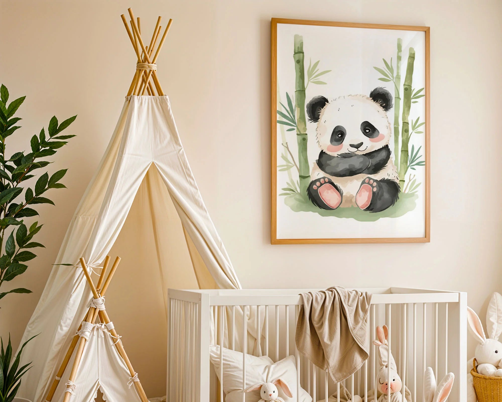 Mounted Panda Print A4 with Mat - Sweet sitting panda illustration with serene woodland bamboo setting and calming earth tone palette