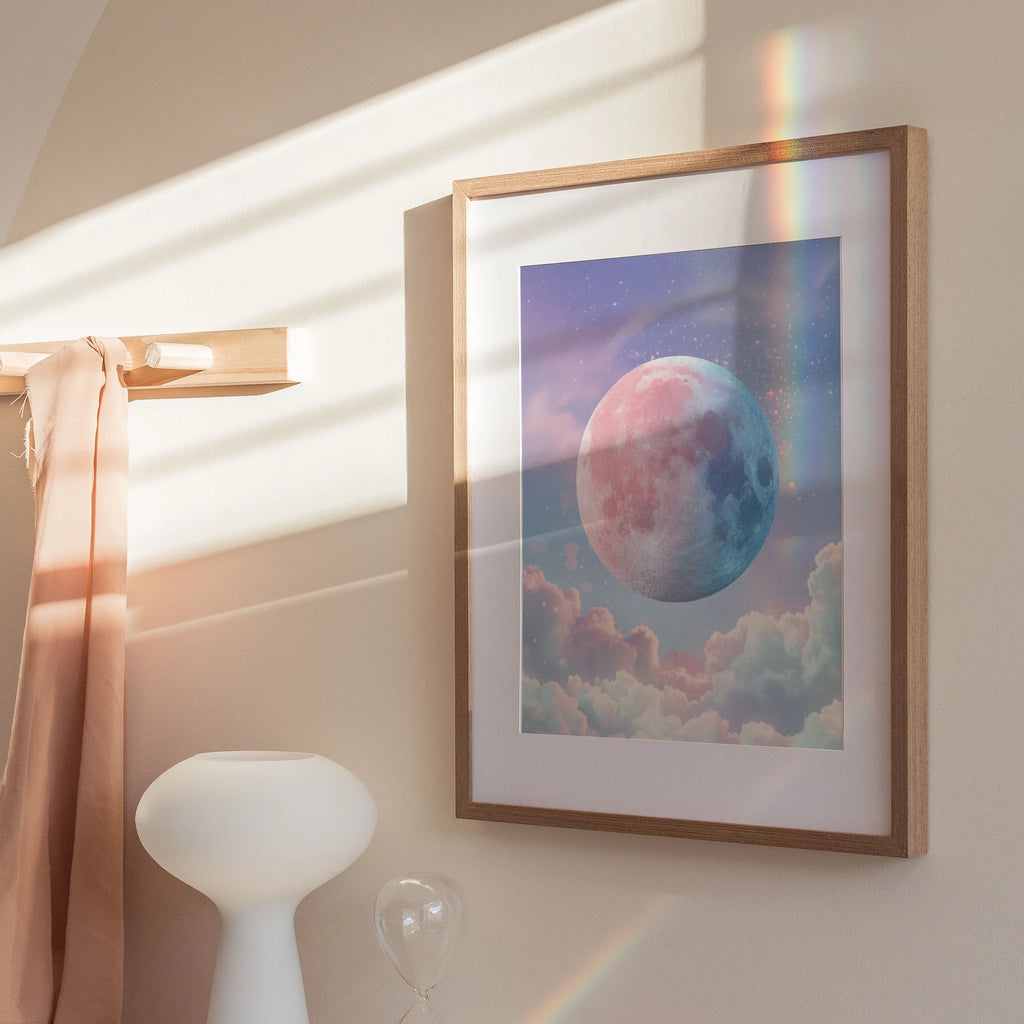 Unframed Poster Print A3 - Premium archival matte print of serene cosmic scene with a beautiful pink-blue moon and peaceful cloud formations below