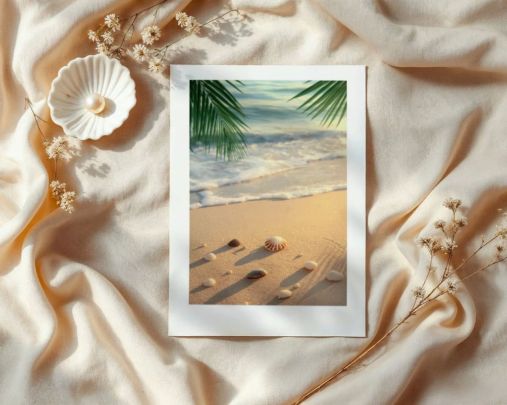 Hanging Canvas A4 Wood Hanger - Serene seashell artwork in soft neutral tones displayed on matte cotton canvas with natural wood hanger