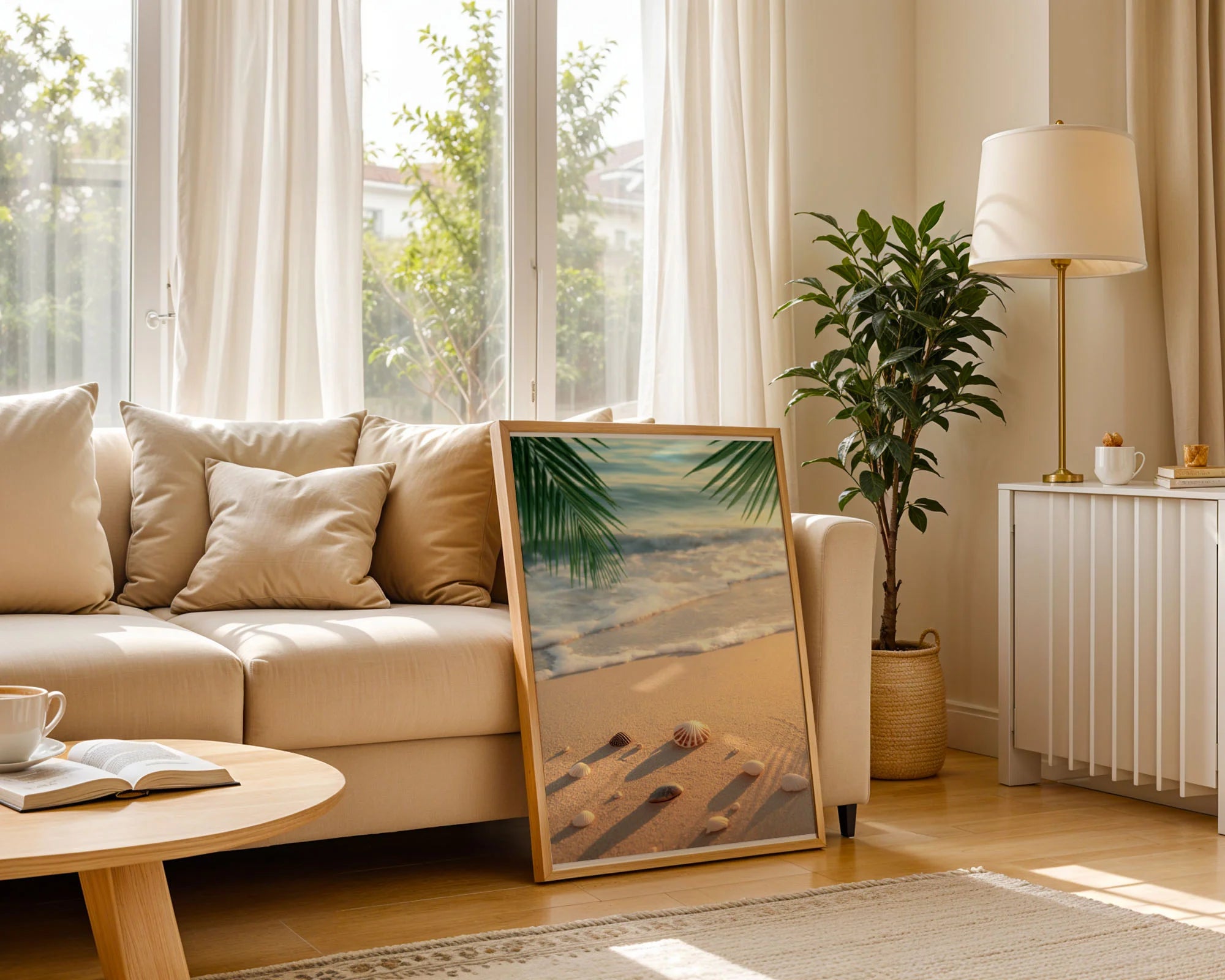 Framed Poster A3 Classic Black Frame - Warm-toned beach print showing golden sand, scattered shells with soft shadows, turquoise waves, and palm fronds frame