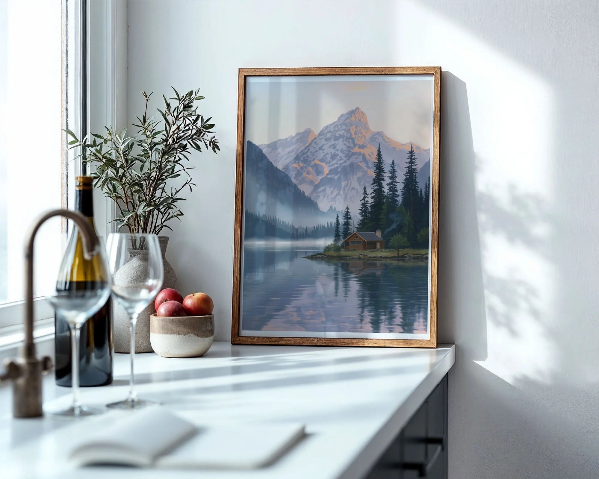 Framed Poster A3 Black Frame - Serene nature scene featuring cabin lodge by water with forest mountains in soft sunrise light