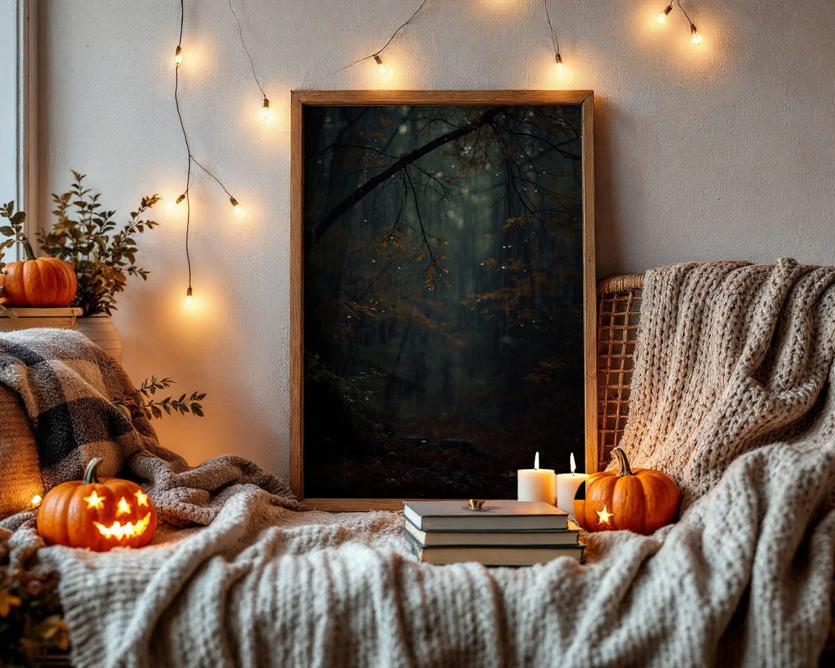 Framed Poster A3 Classic White Frame - Moody nature print depicting a rainy woodland with soft mist, bare branches, and warm autumn colour accents