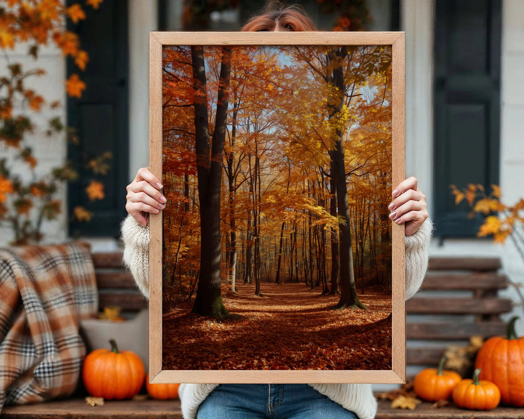 Framed Poster A3 Black Frame - Expansive autumn woodland view with warm amber tones and perspective down peaceful forest trail