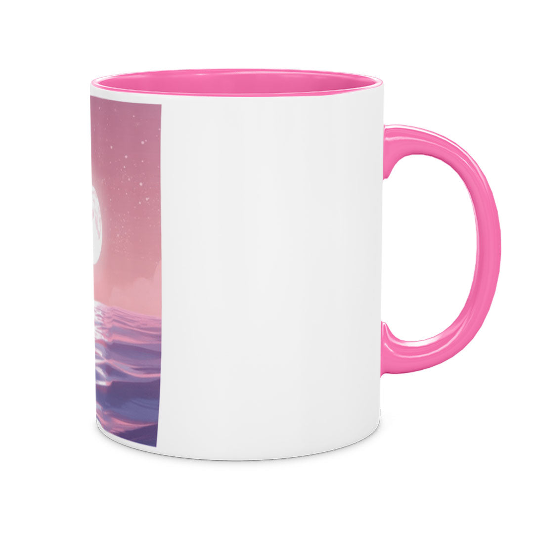 Ceramic Mug 11oz Pink - Dreamy celestial artwork featuring a glowing white moon with starry sky above shimmering purple and pink ocean waters