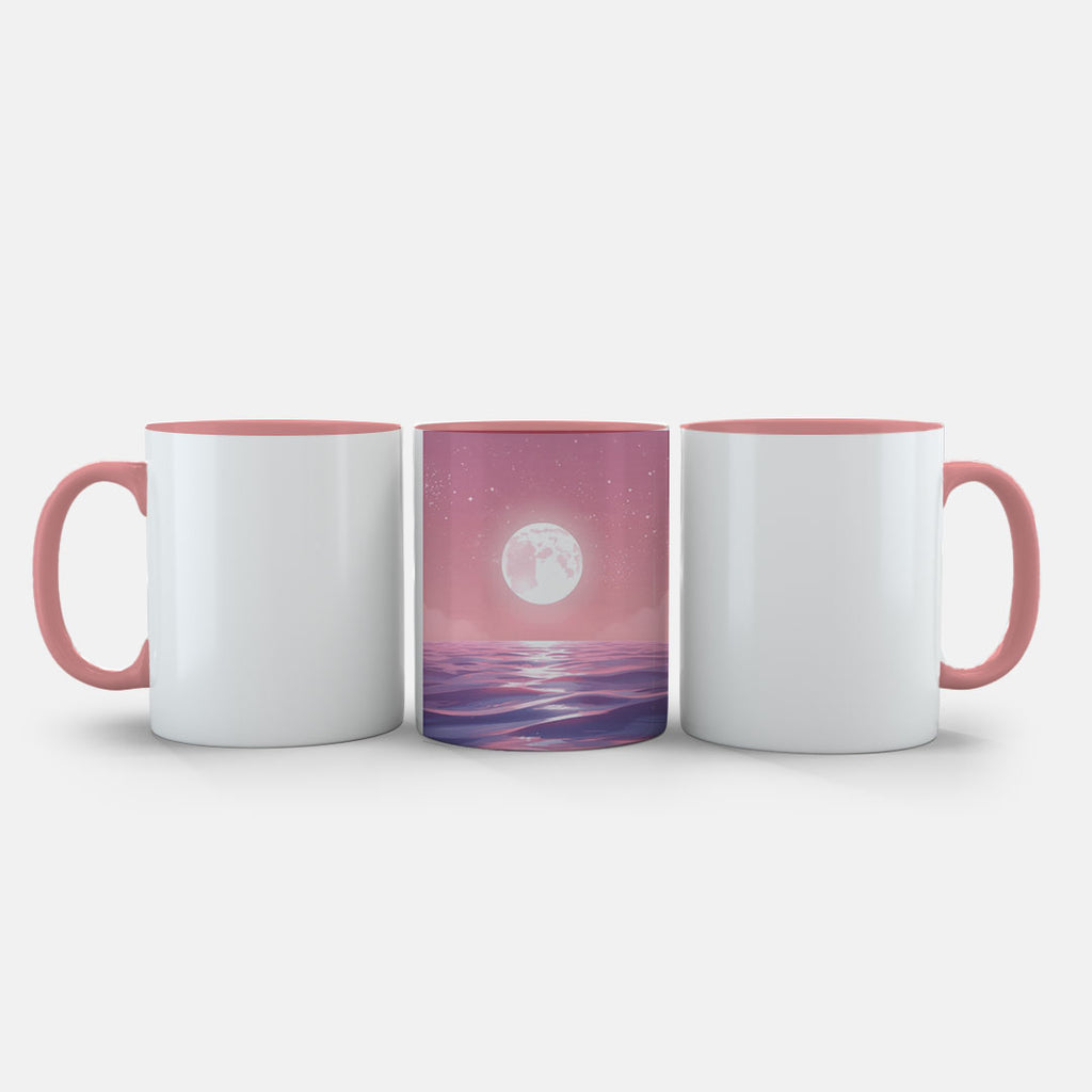 Ceramic Mug 11oz Pink - Enchanting moonrise scene with soft pink sky, scattered stars, and luminous moon reflecting on flowing water below