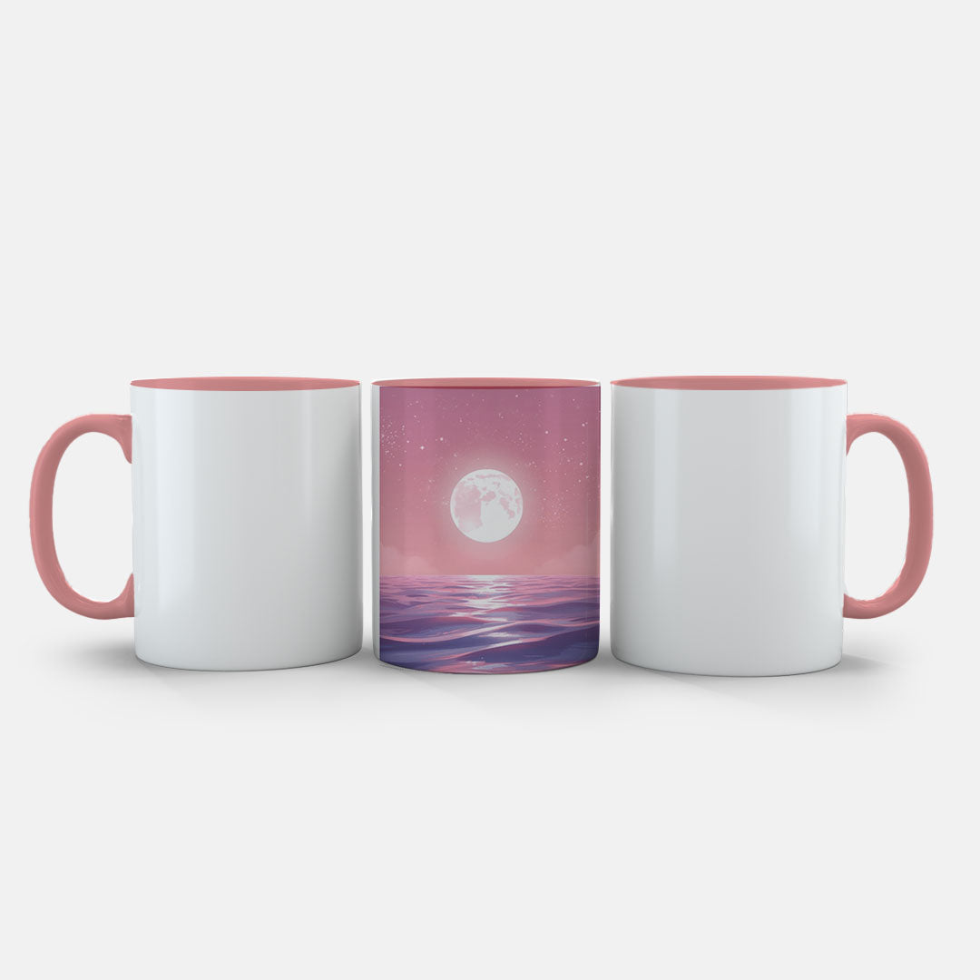 Ceramic Mug 11oz Pink - Enchanting moonrise scene with soft pink sky, scattered stars, and luminous moon reflecting on flowing water below