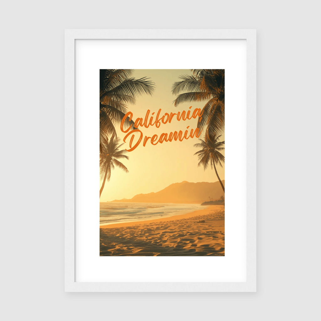 Framed Poster A3 White Frame - Serene California beach scene featuring sand dunes and retro-style typography in soft pastels