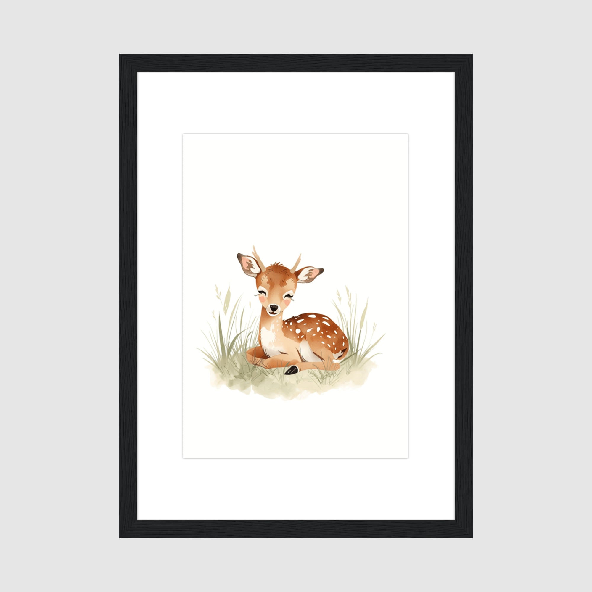 Mounted Framed Print A4 Black Frame - Gentle deer illustration in soft neutral tones on archival matte paper with black frame and mount