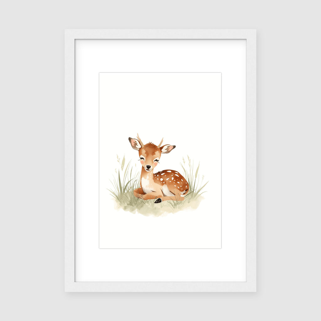 Mounted Framed Print A3 White Frame - Serene deer artwork displayed in white frame, perfect for larger nursery walls
