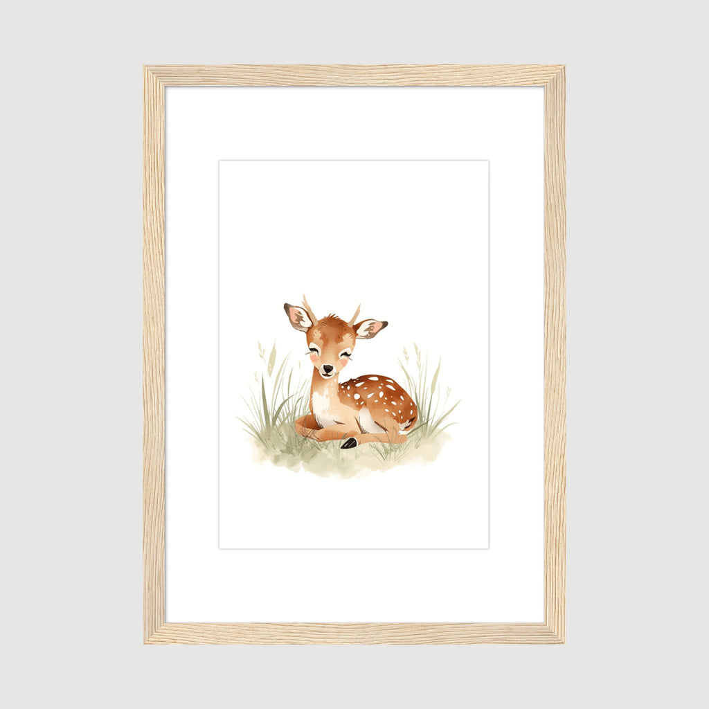 Mounted Framed Print A2 Wood Frame - Woodland deer print in natural wood frame showing the artwork at full size