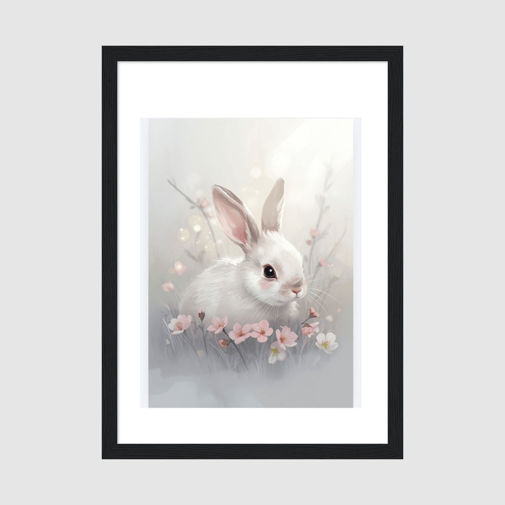 Framed Poster A4 Black Frame - Soft pastel watercolor baby bunny illustration with gentle blues and pinks on white archival matte paper