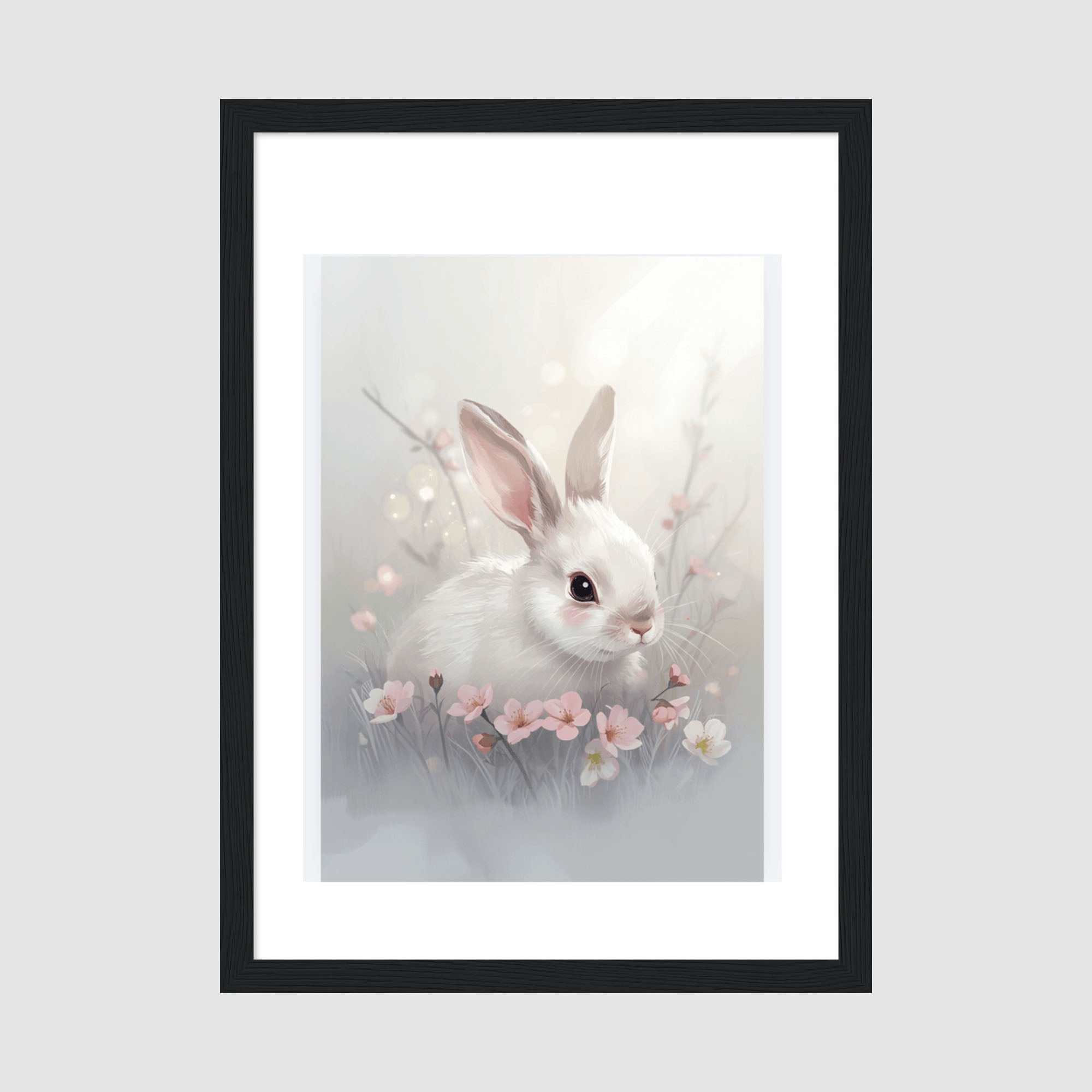 Framed Poster A4 Black Frame - Soft pastel watercolor baby bunny illustration with gentle blues and pinks on white archival matte paper