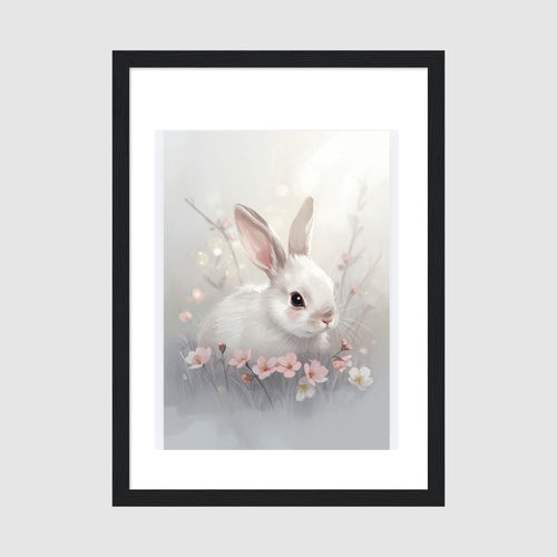 Framed Poster A4 Black Frame - Soft pastel watercolor baby bunny illustration with gentle blues and pinks on white archival matte paper