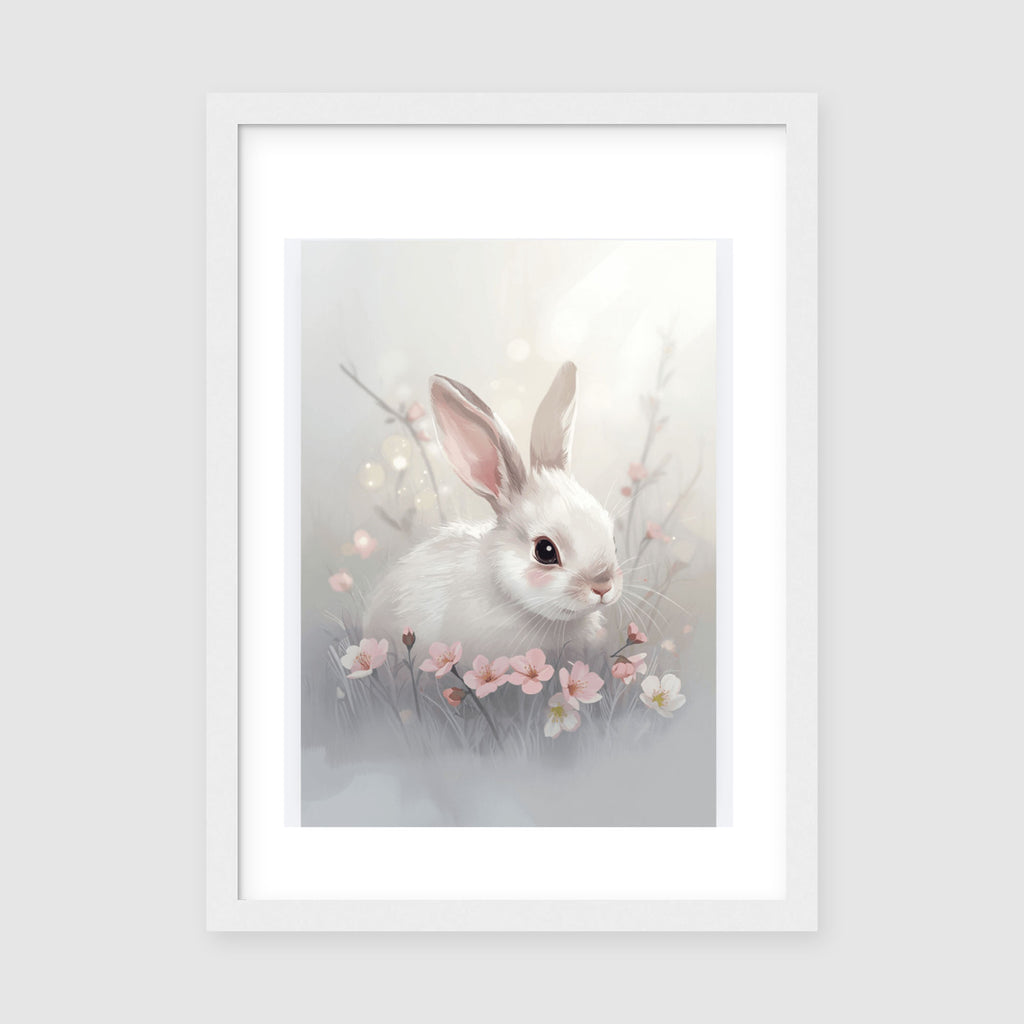 Framed Poster A3 White Frame - Sweet bunny character artwork in watercolor style with cream and soft green tones displayed in white frame