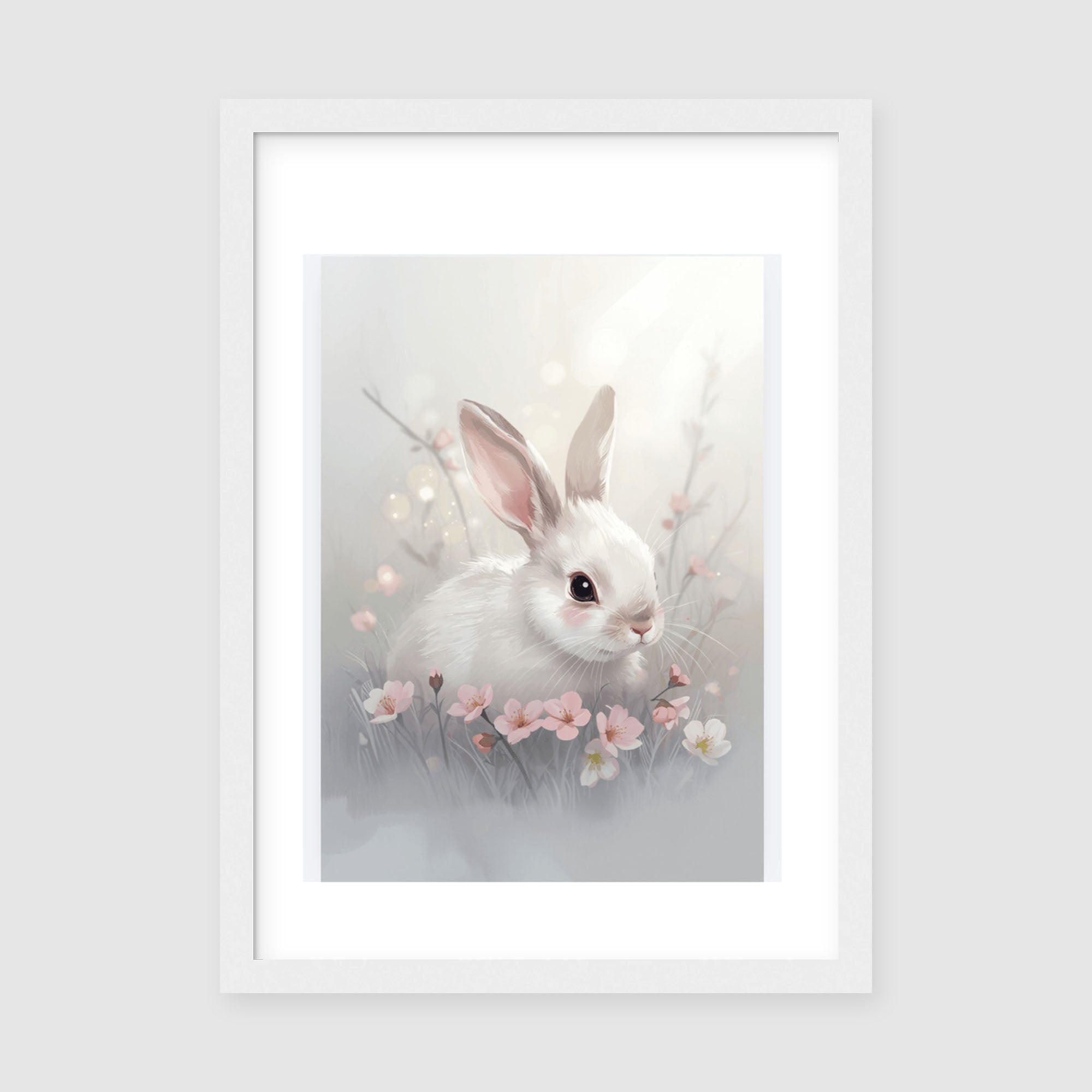 Framed Poster A3 White Frame - Sweet bunny character artwork in watercolor style with cream and soft green tones displayed in white frame