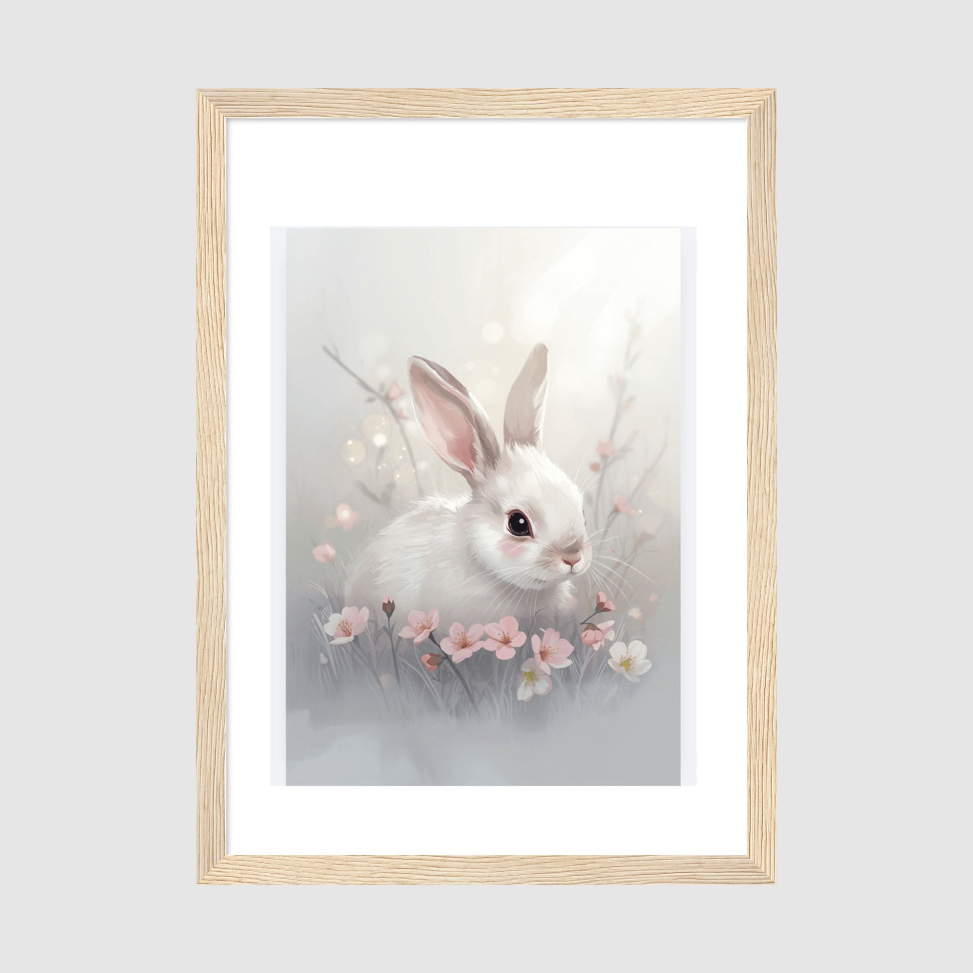 Framed Poster A2 Wood Frame - Large baby bunny nursery art featuring soft colors and delicate illustration style in natural wood frame