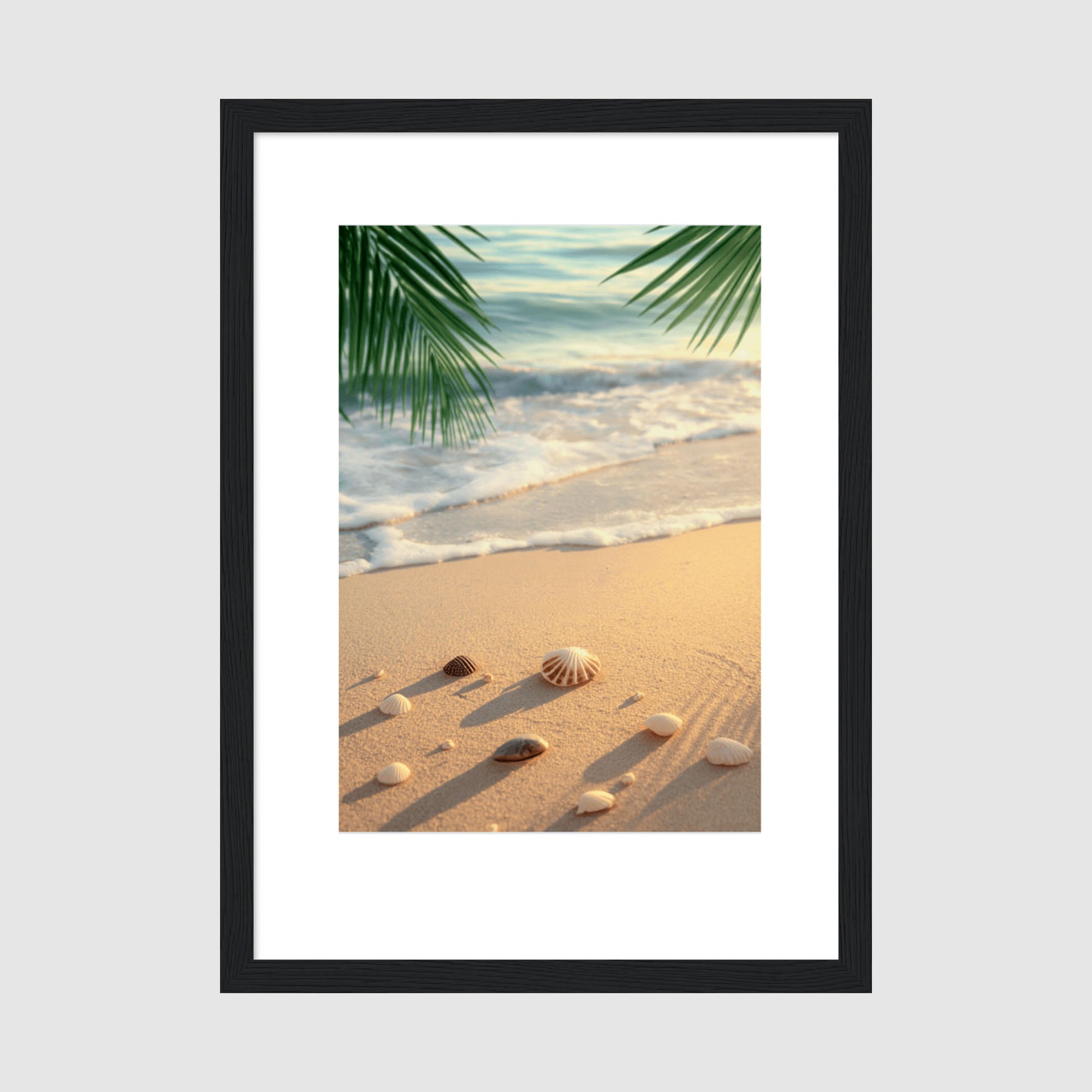 Framed Poster A4 Classic Black Frame - Serene beach waves in soft blues and whites crashing gently on sandy shoreline