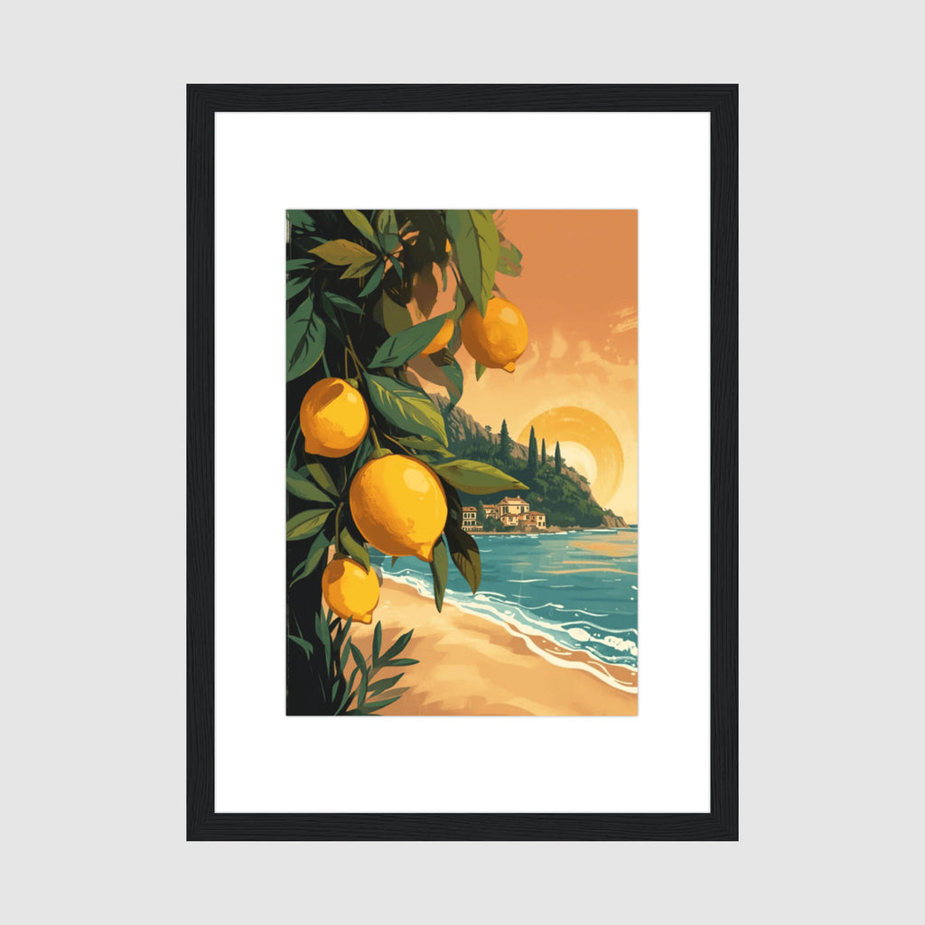 Framed Print A4 Classic Black - Scenic Italian coastal landscape with golden lemon tree branches, turquoise sea, and sunset villa