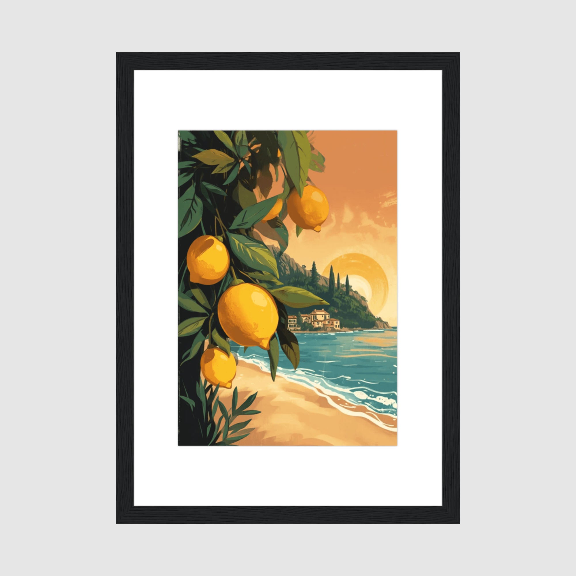 Framed Print A4 Classic Black - Scenic Italian coastal landscape with golden lemon tree branches, turquoise sea, and sunset villa