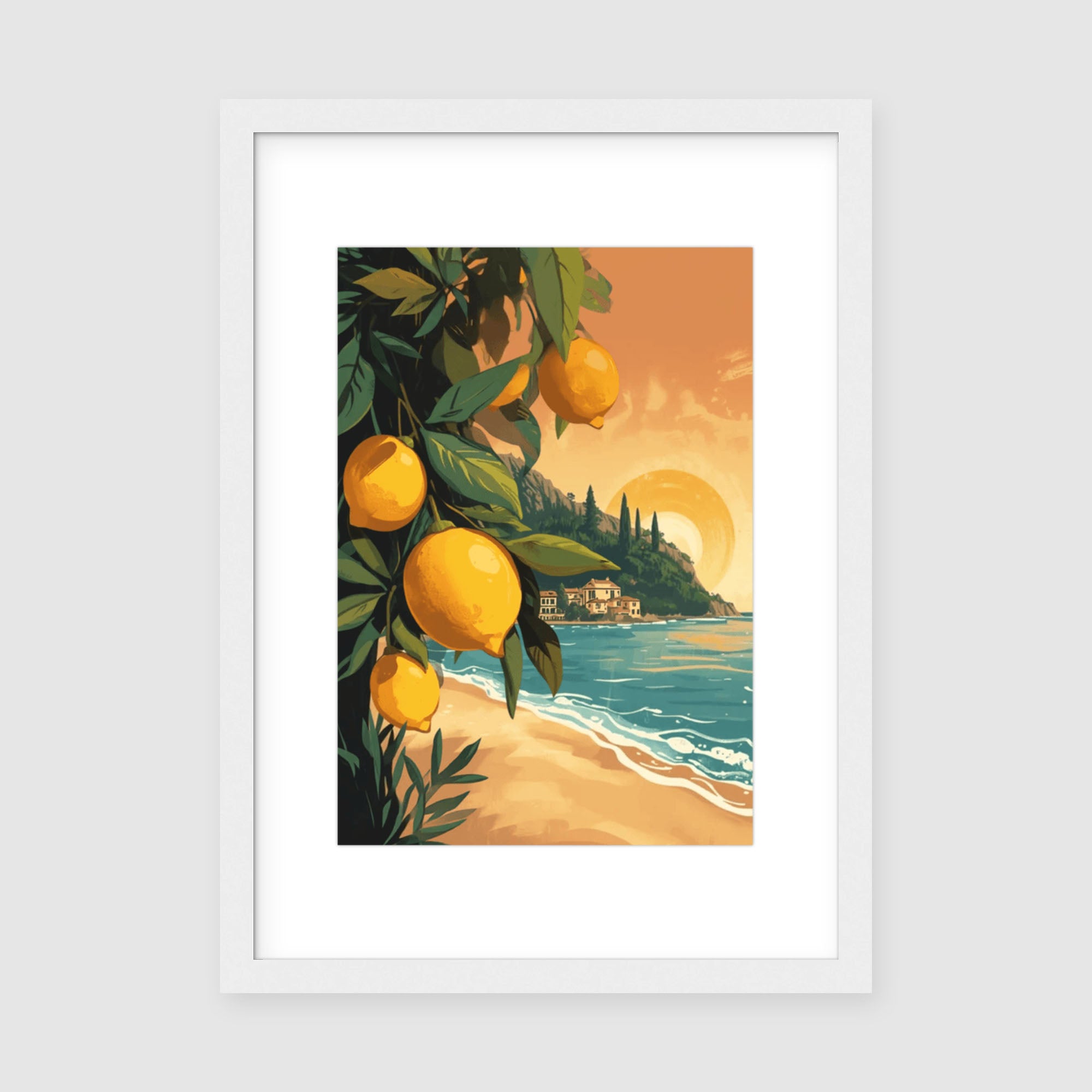 Framed Print A3 Classic White - Warm Mediterranean sunset scene framed with lush green foliage and hanging golden lemons