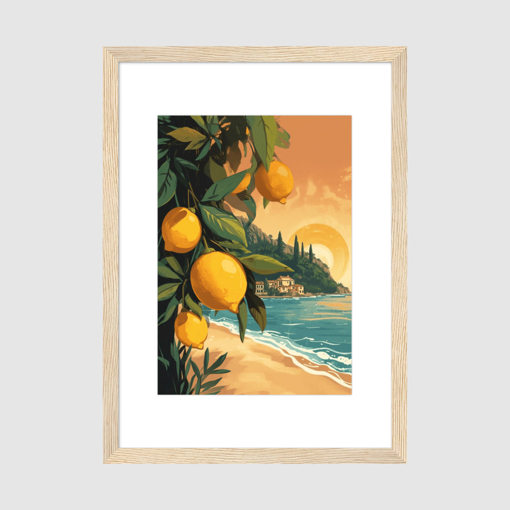 Framed Print A2 Classic Wood - Expansive Italian Riviera vista with lemon grove foreground and golden hour beach setting