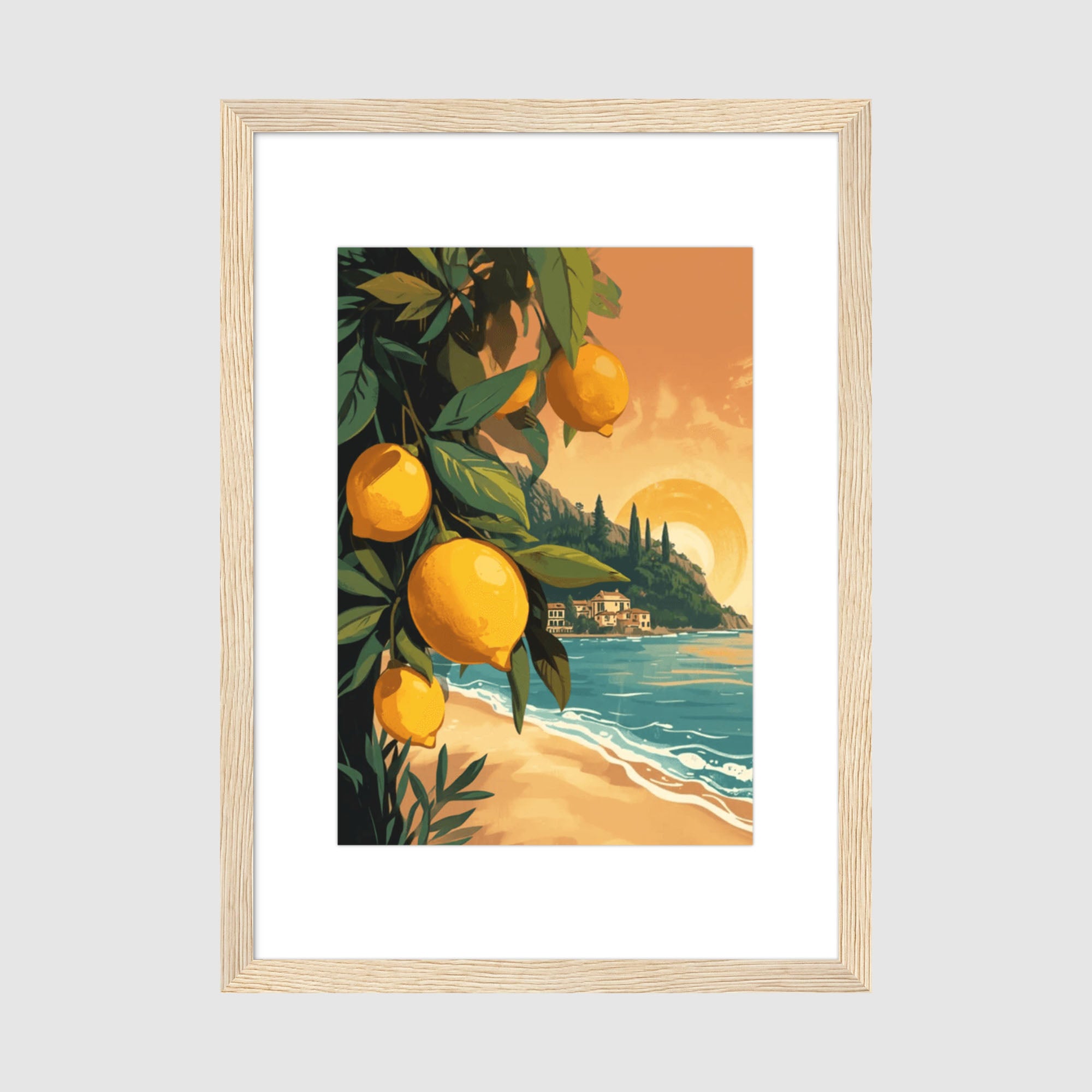 Framed Print A2 Classic Wood - Expansive Italian Riviera vista with lemon grove foreground and golden hour beach setting