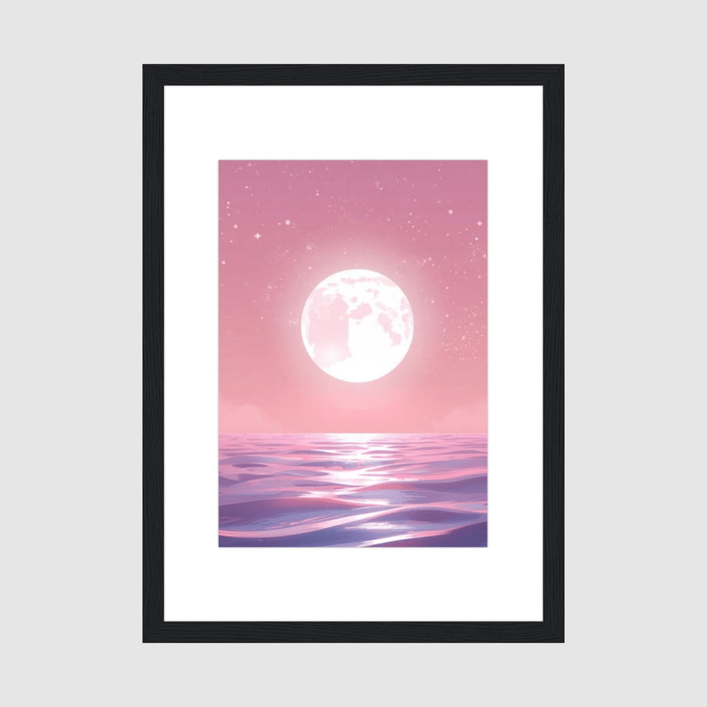 Framed Print A4 Classic Black Frame - Luminous full moon glowing against soft pink sky with scattered stars and purple blue ocean waves below