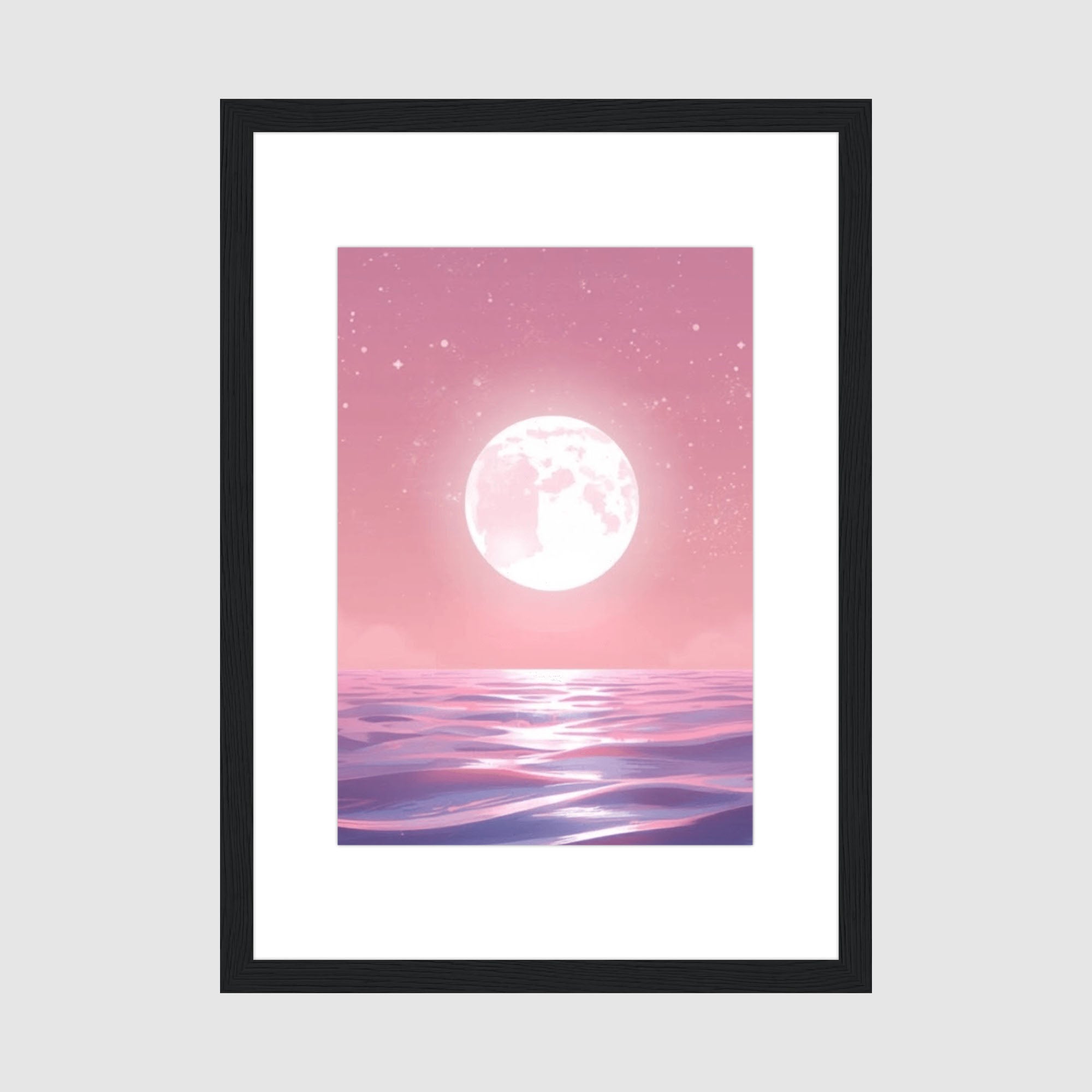 Framed Print A4 Classic Black Frame - Luminous full moon glowing against soft pink sky with scattered stars and purple blue ocean waves below