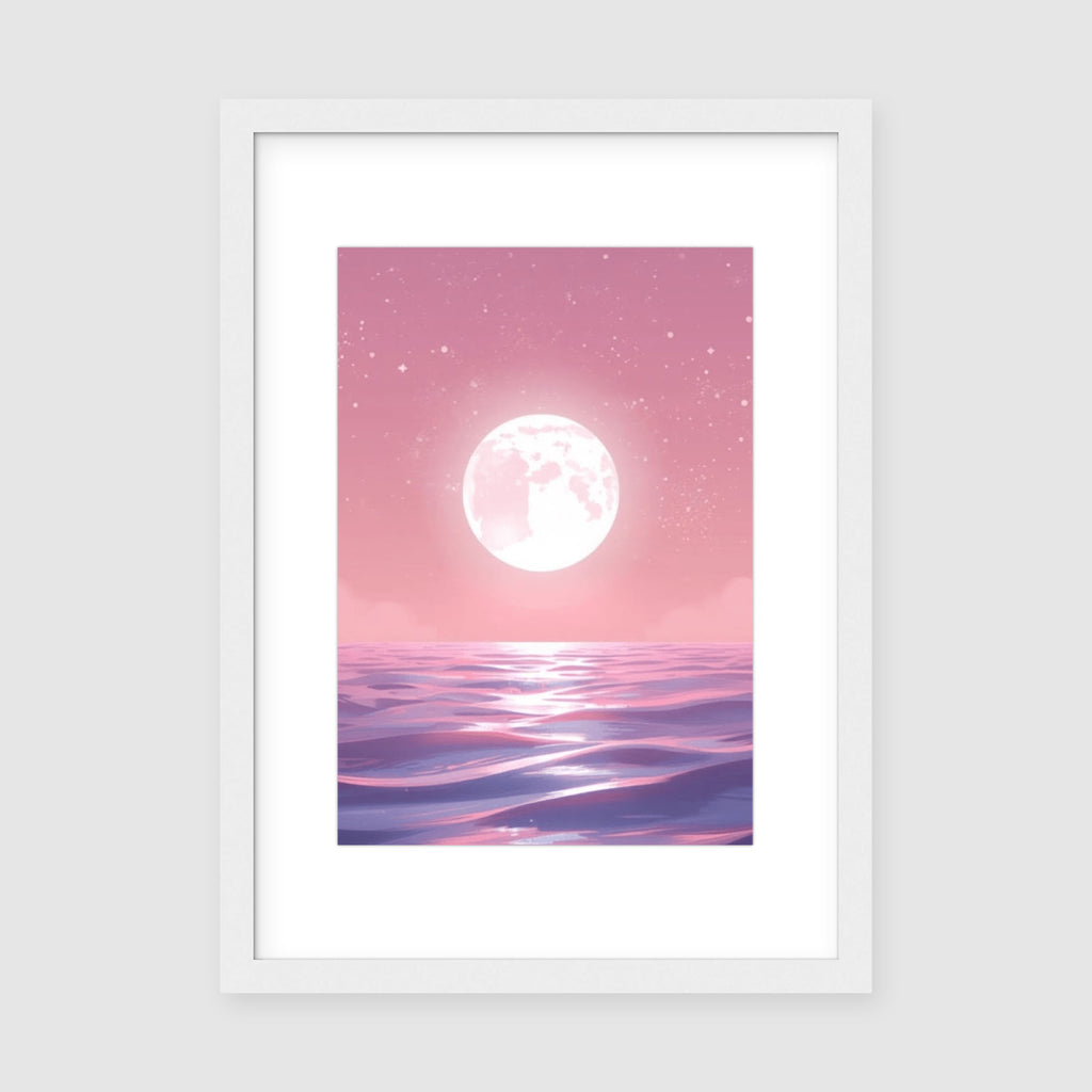 Framed Print A3 Classic White Frame - Celestial moonlit seascape with dreamy pink gradient sky and serene water reflection