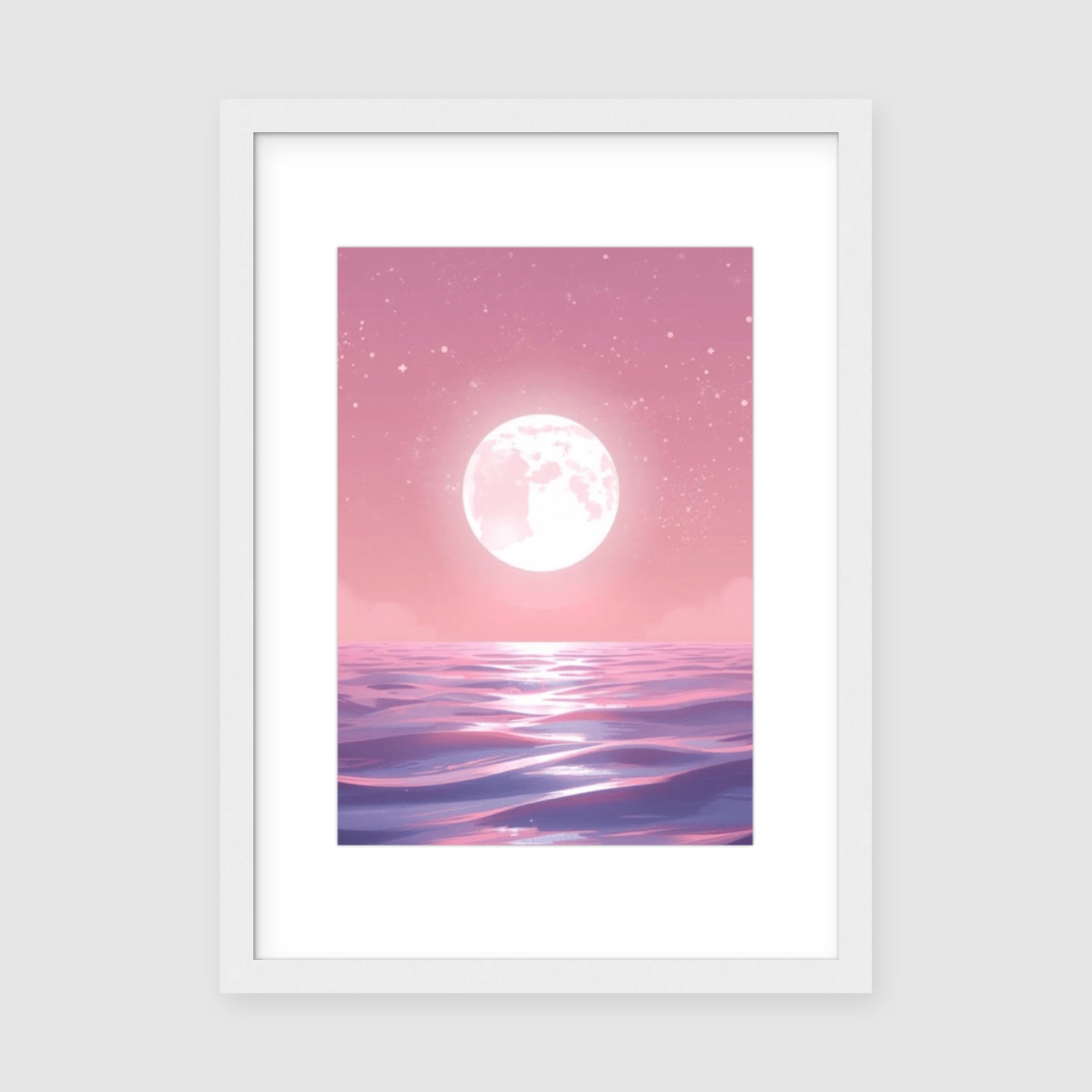 Framed Print A3 Classic White Frame - Celestial moonlit seascape with dreamy pink gradient sky and serene water reflection