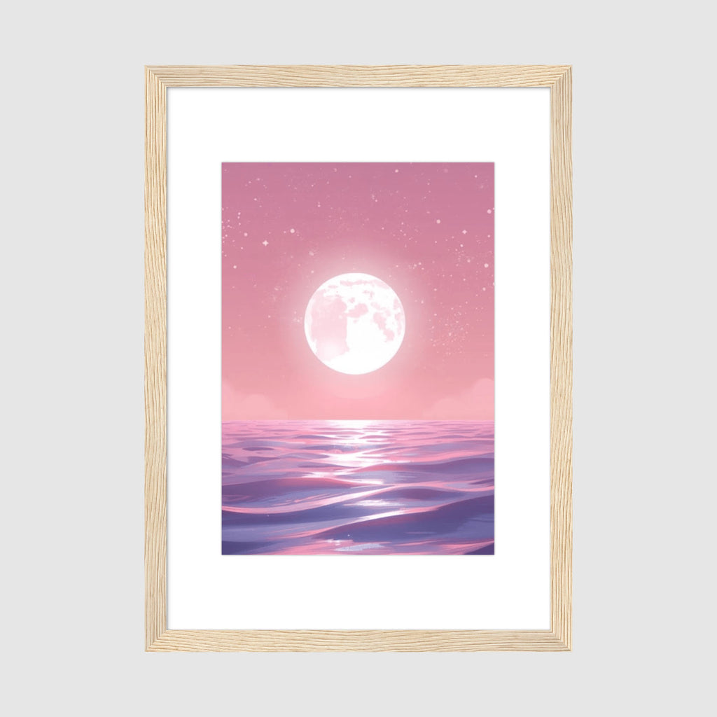 Framed Print A2 Classic Wood Frame - Enchanting full moon artwork with twinkling starfield and peaceful purple ocean landscape