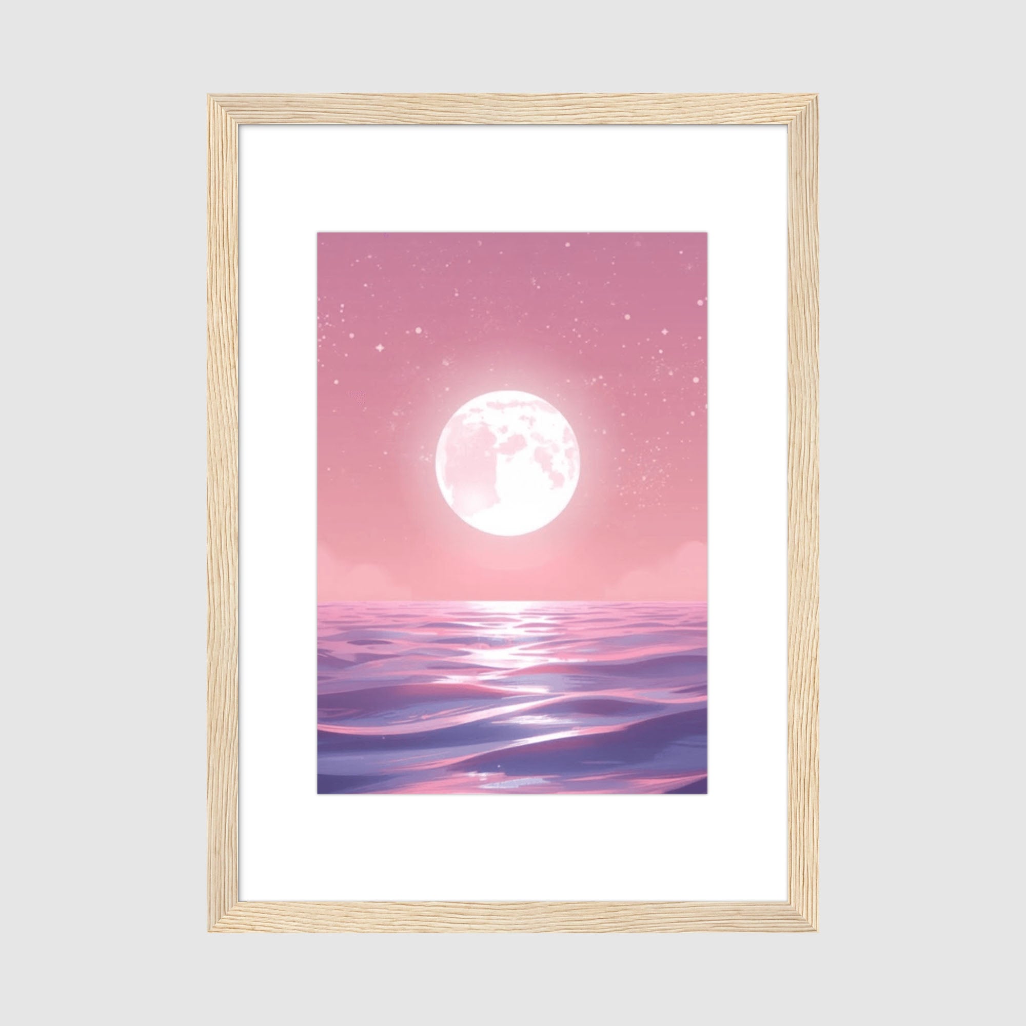 Framed Print A2 Classic Wood Frame - Enchanting full moon artwork with twinkling starfield and peaceful purple ocean landscape
