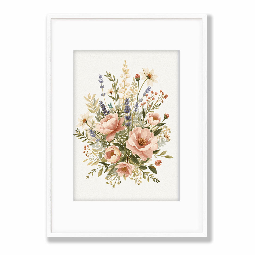 Mounted Framed Print A2 White Frame - Watercolor botanical arrangement with soft pink roses, lavender sprigs, cream daisies, and sage foliage on cream background