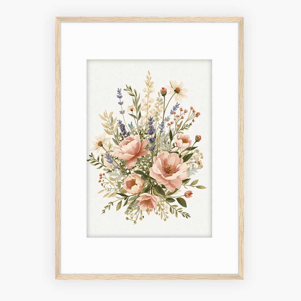 Mounted Framed Print A3 White Frame - Delicate floral composition featuring blush pink peonies, purple lavender, white daisies, and muted green leaves