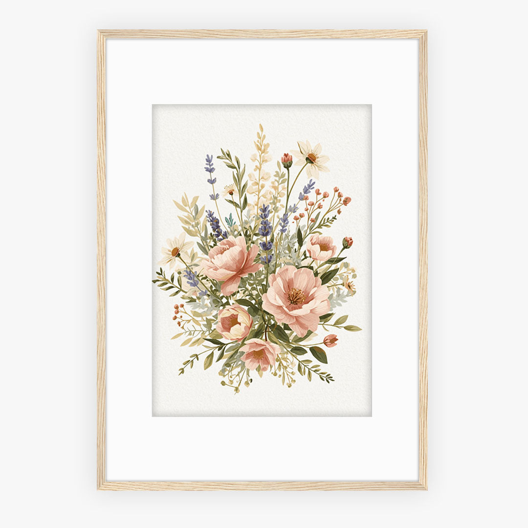 Mounted Framed Print A3 White Frame - Delicate floral composition featuring blush pink peonies, purple lavender, white daisies, and muted green leaves