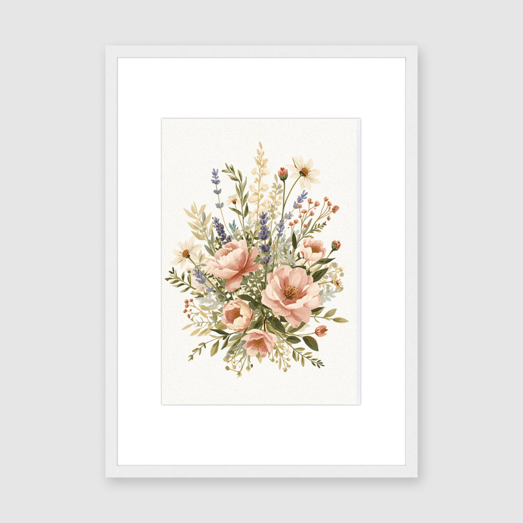 Mounted Framed Print A2 Wood Frame - Botanical floral artwork with pink roses, coral berries, blue-purple lavender, and golden leaf accents on neutral background