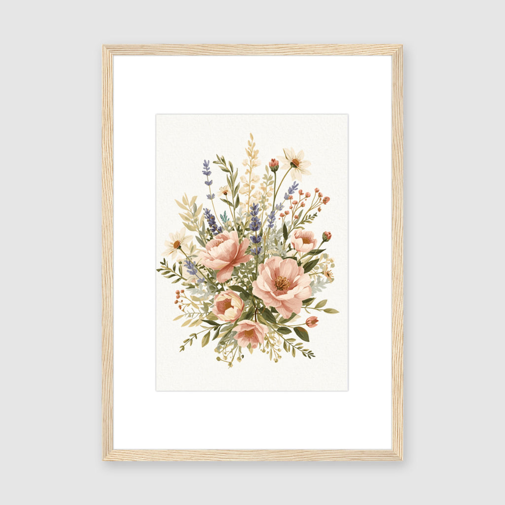 Mounted Framed Print A3 Wood Frame - Soft botanical print with clustered pink roses, delicate white flowers, lavender stems, and rustic foliage elements