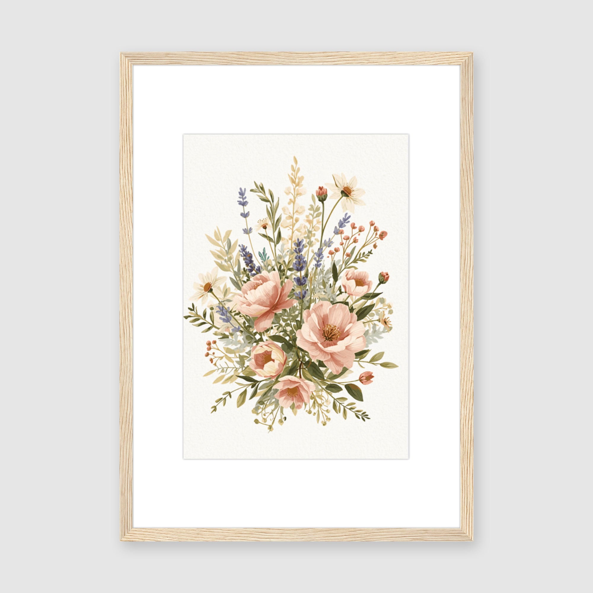 Mounted Framed Print A3 Wood Frame - Soft botanical print with clustered pink roses, delicate white flowers, lavender stems, and rustic foliage elements