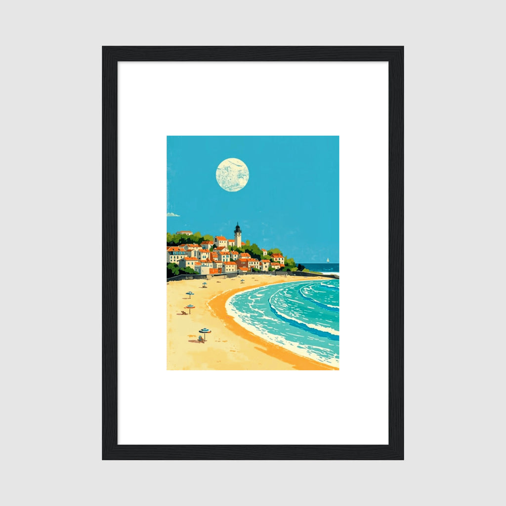 Framed Coastal Town Beach Poster A4 Classic Black Frame - Retro illustration of Mediterranean village with terracotta roofs overlooking golden sandy beach, turquoise waves, and full moon in bright blue sky