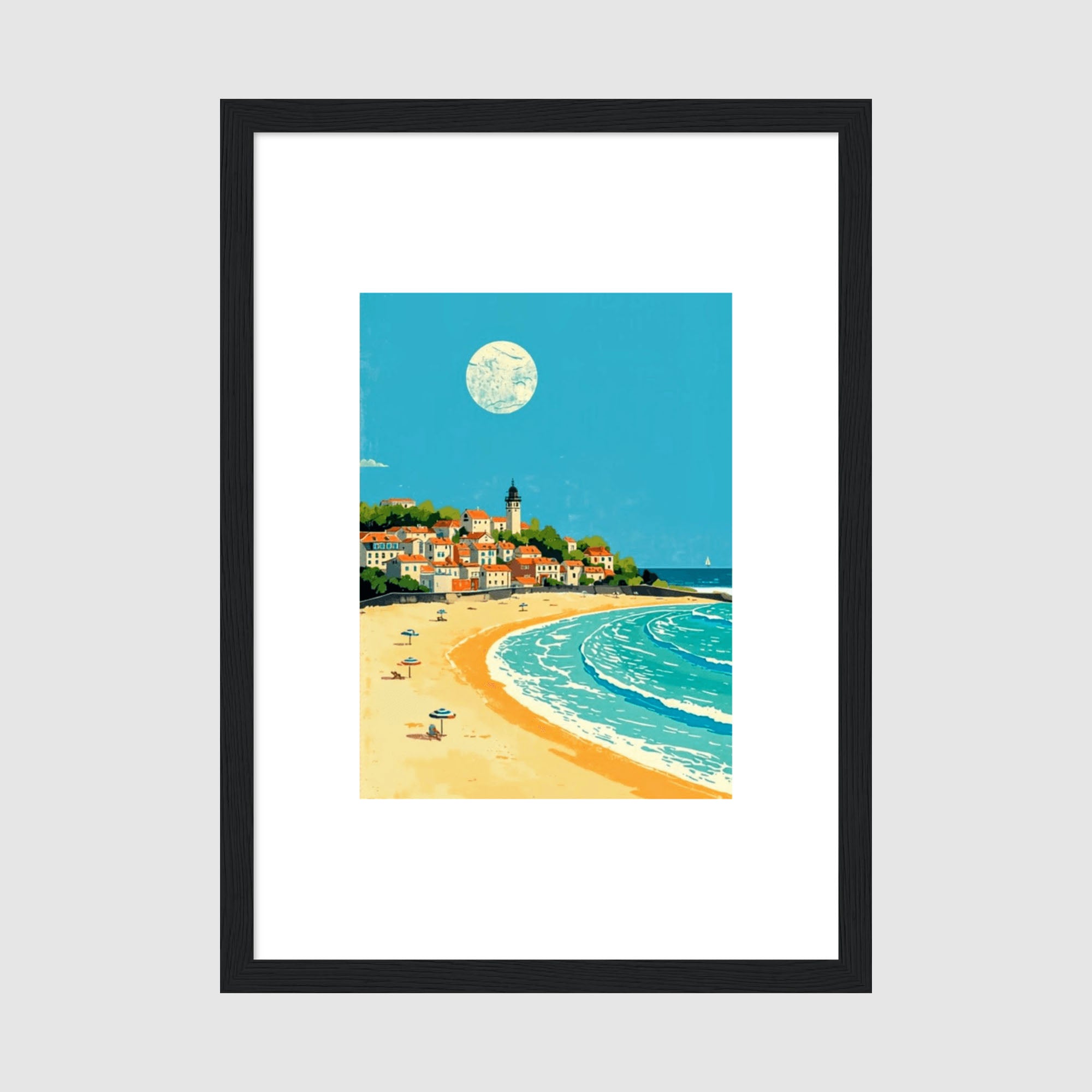 Framed Coastal Town Beach Poster A4 Classic Black Frame - Retro illustration of Mediterranean village with terracotta roofs overlooking golden sandy beach, turquoise waves, and full moon in bright blue sky