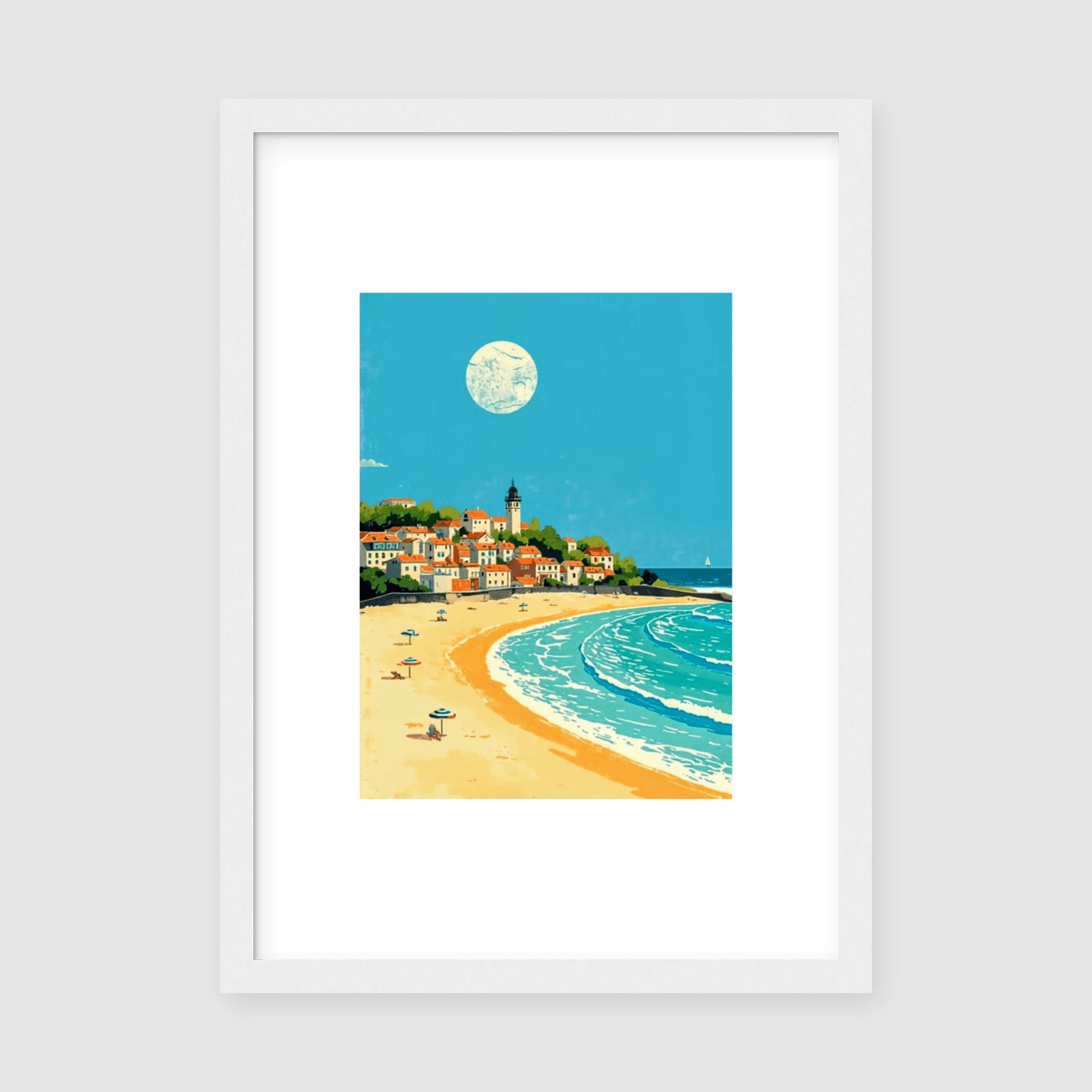 Framed Coastal Town Beach Poster A3 Classic White Frame - Vintage-style coastal landscape featuring hilltop town with church steeple, sandy shoreline with beach umbrellas, rolling ocean waves in shades of turquoise