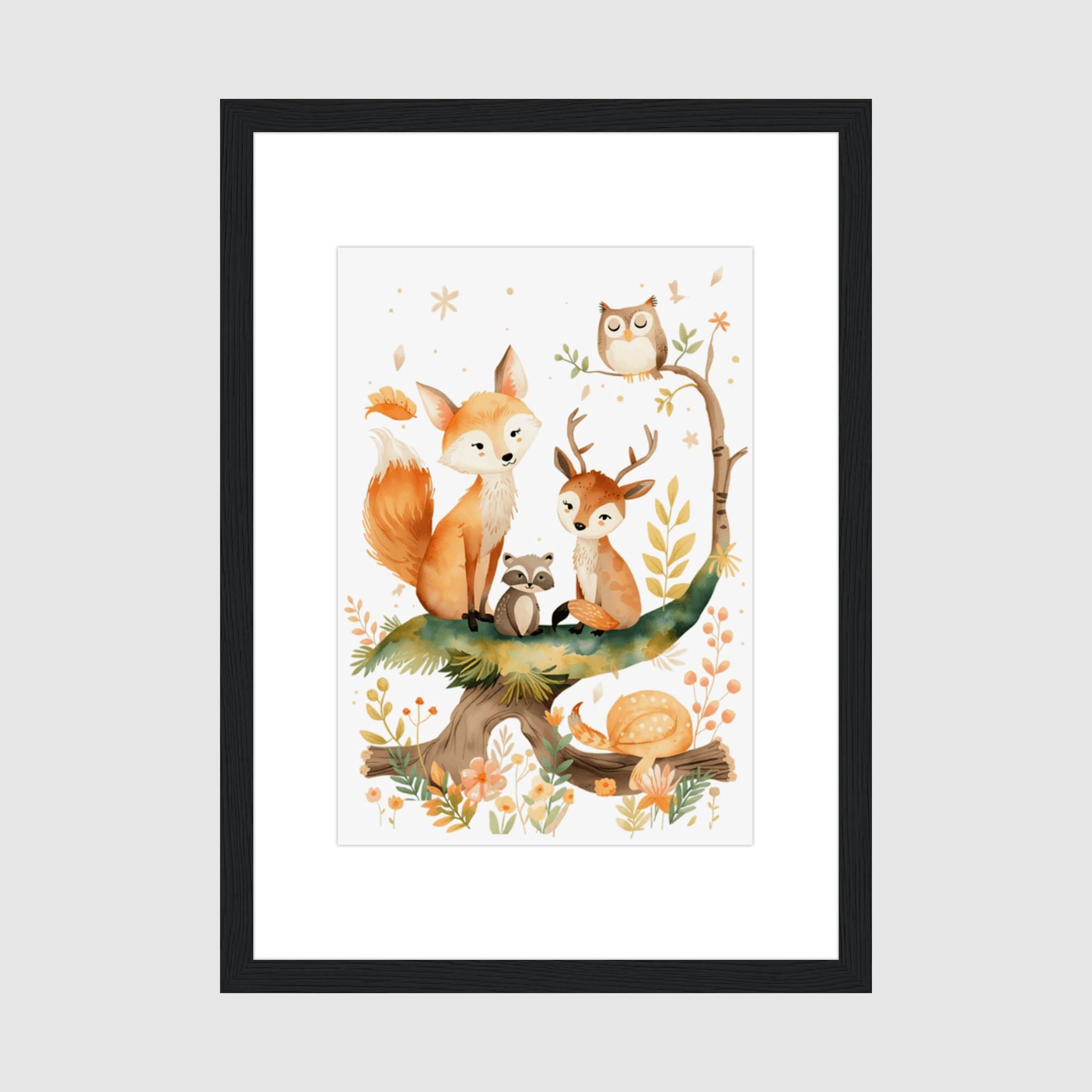 Framed Print A4 Classic Black Frame - Woodland animals including fox, owl, and deer perched on tree branches with golden foliage and autumn leaves in warm watercolor style
