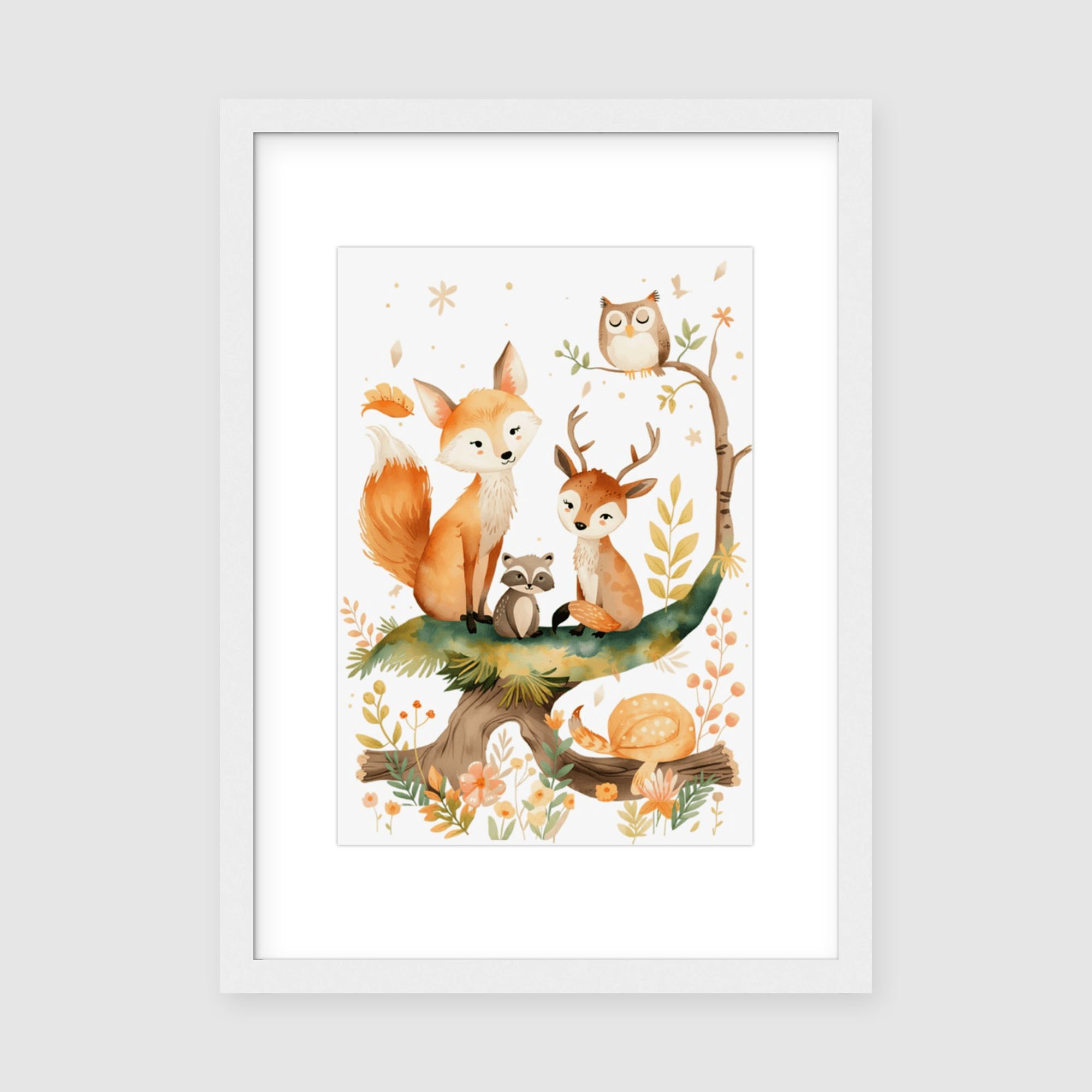 Framed Print A4 Classic White Frame - Sweet forest scene with red fox, wise owl, gentle deer, and raccoon gathered on mossy tree branch surrounded by golden botanical details