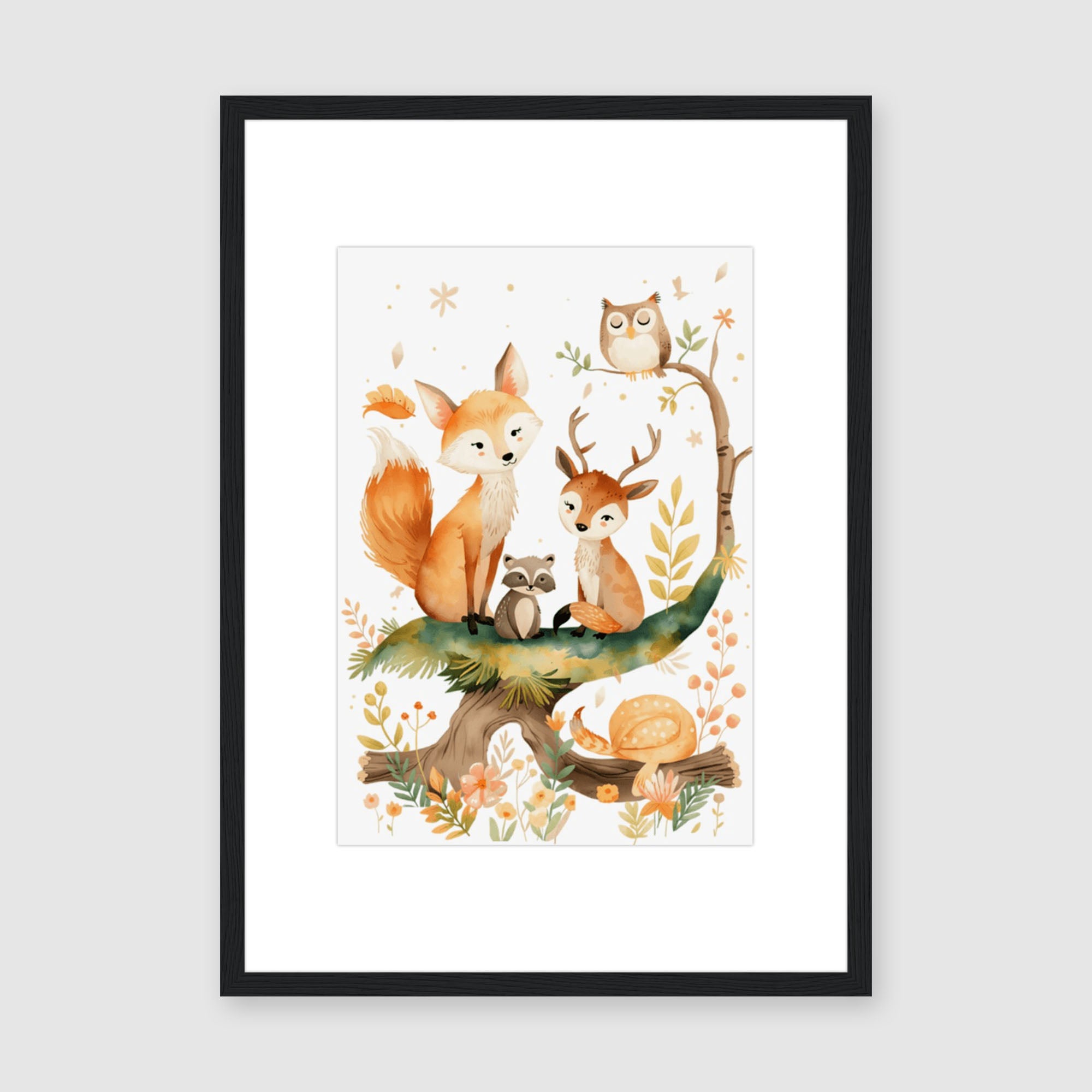 Framed Print A3 Classic Black Frame - Larger woodland friends artwork showing complete forest animal gathering with detailed foliage, branches, and whimsical nature elements